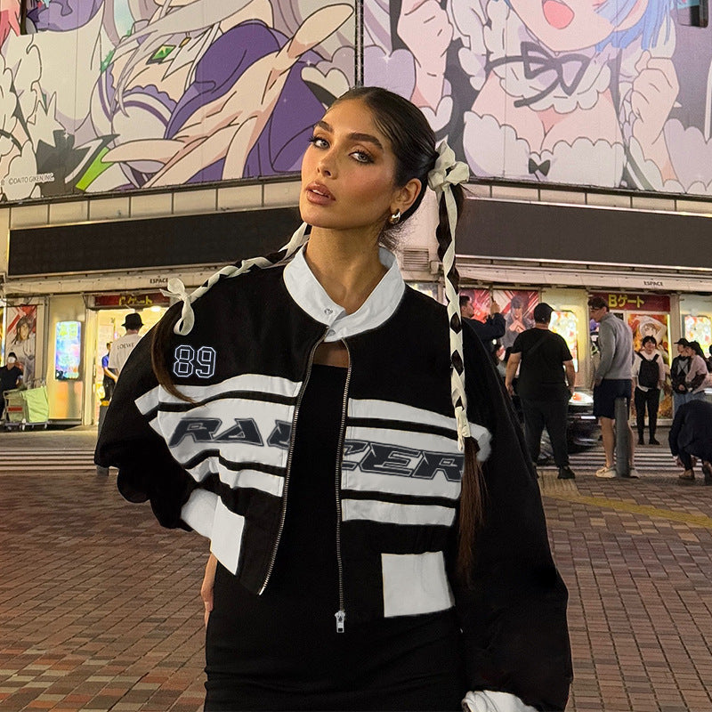 Letter print contrasting long sleeved stand up collar jacket top