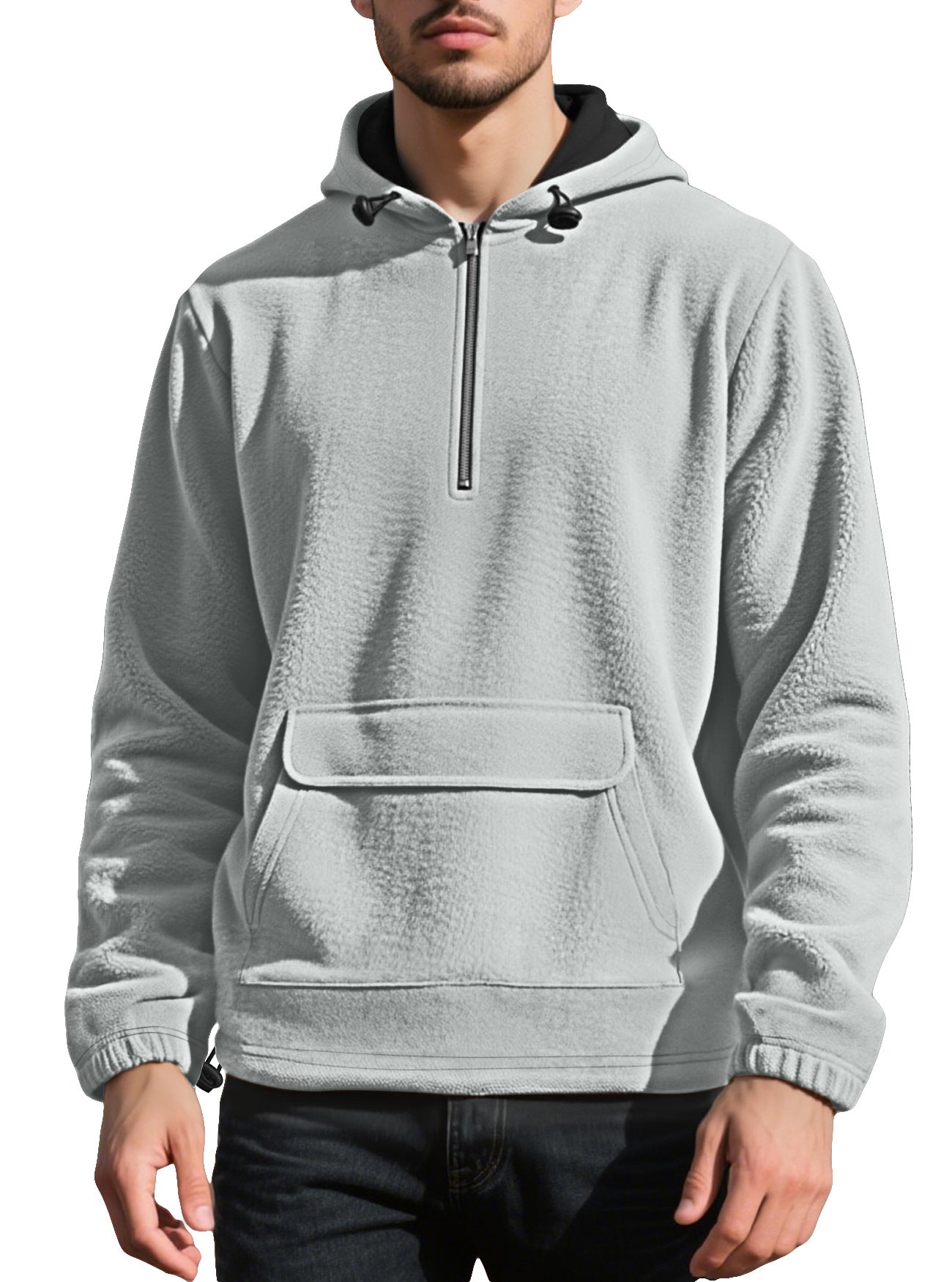 Solid color half zip hooded men's pullover