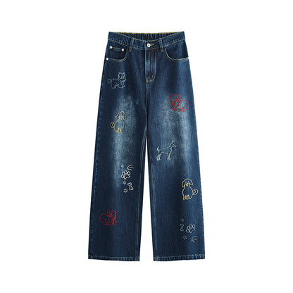 Dog Embroidered Wide Leg Jeans