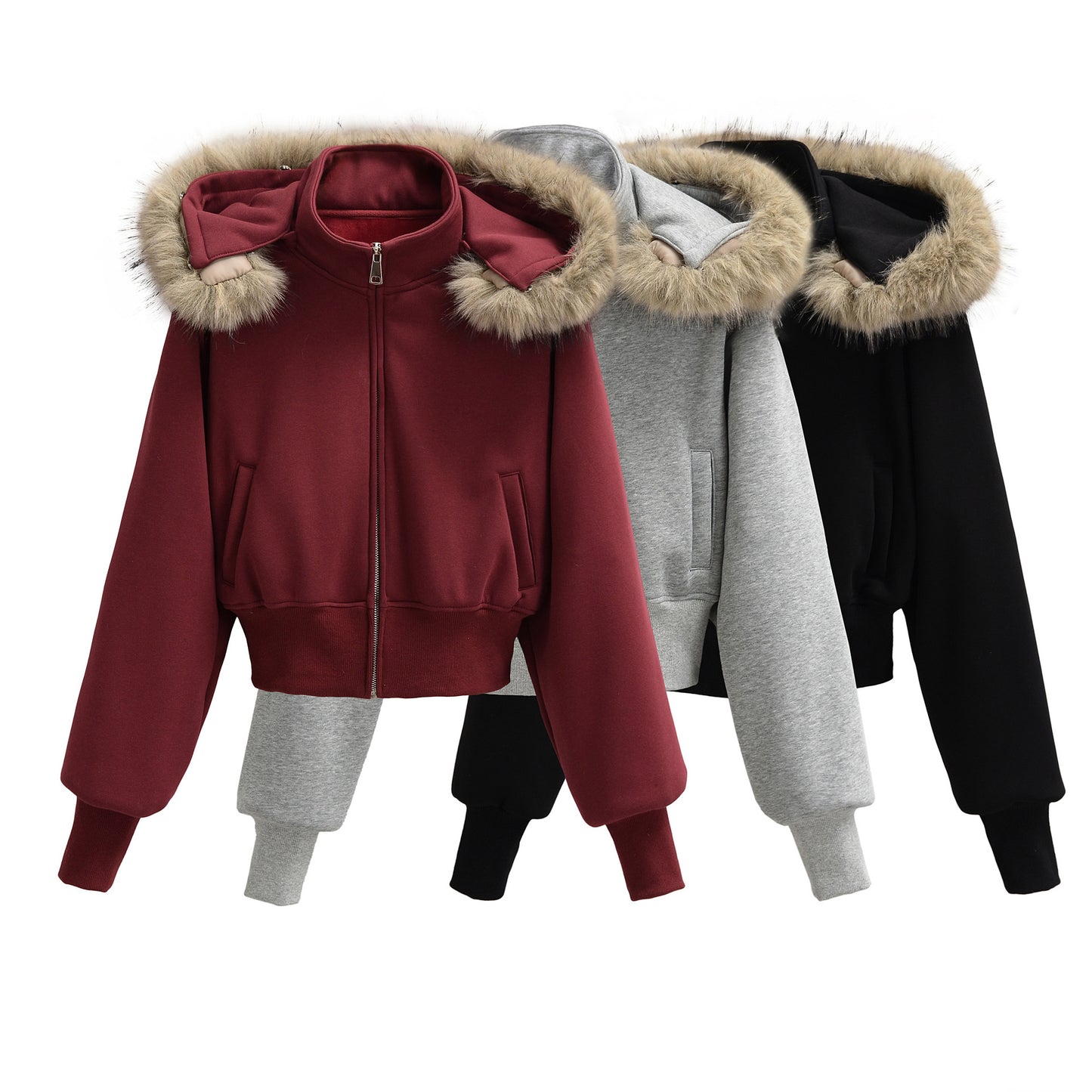 Detachable fur collar with fleece jacket for women