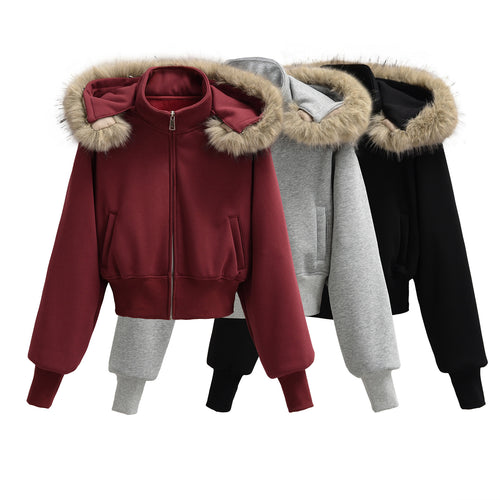 Detachable fur collar with fleece jacket for women
