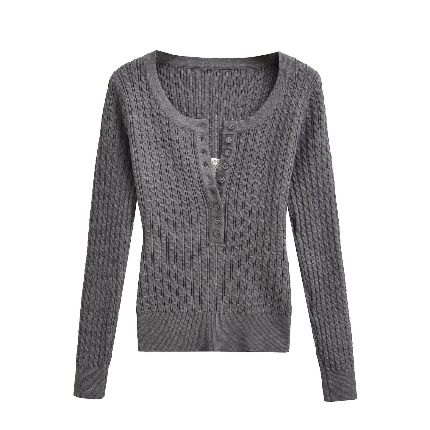 Round neck slim fit and slimming lace patchwork long sleeved top