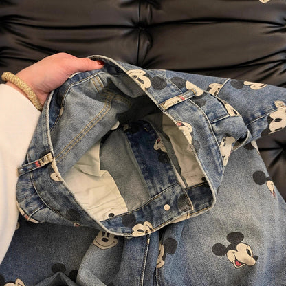 Cute Youthful  Vintage Mickey Print High-Waisted Jeans for Men and Women, Loose Straight-Leg Casual Wide-Leg Pants