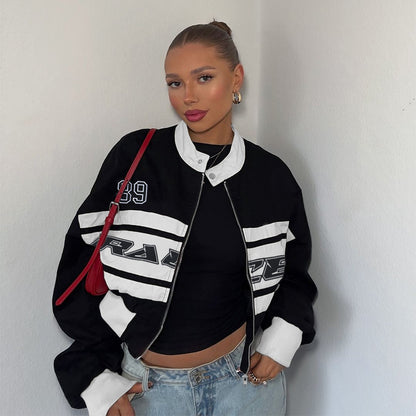 Letter print contrasting long sleeved stand up collar jacket top