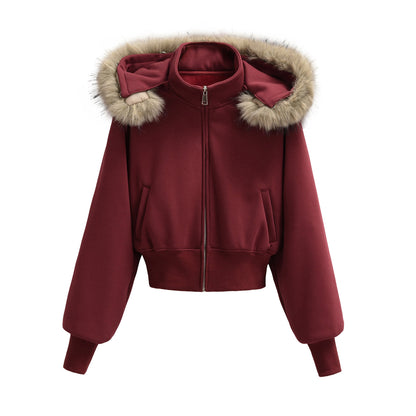 Detachable fur collar with fleece jacket for women