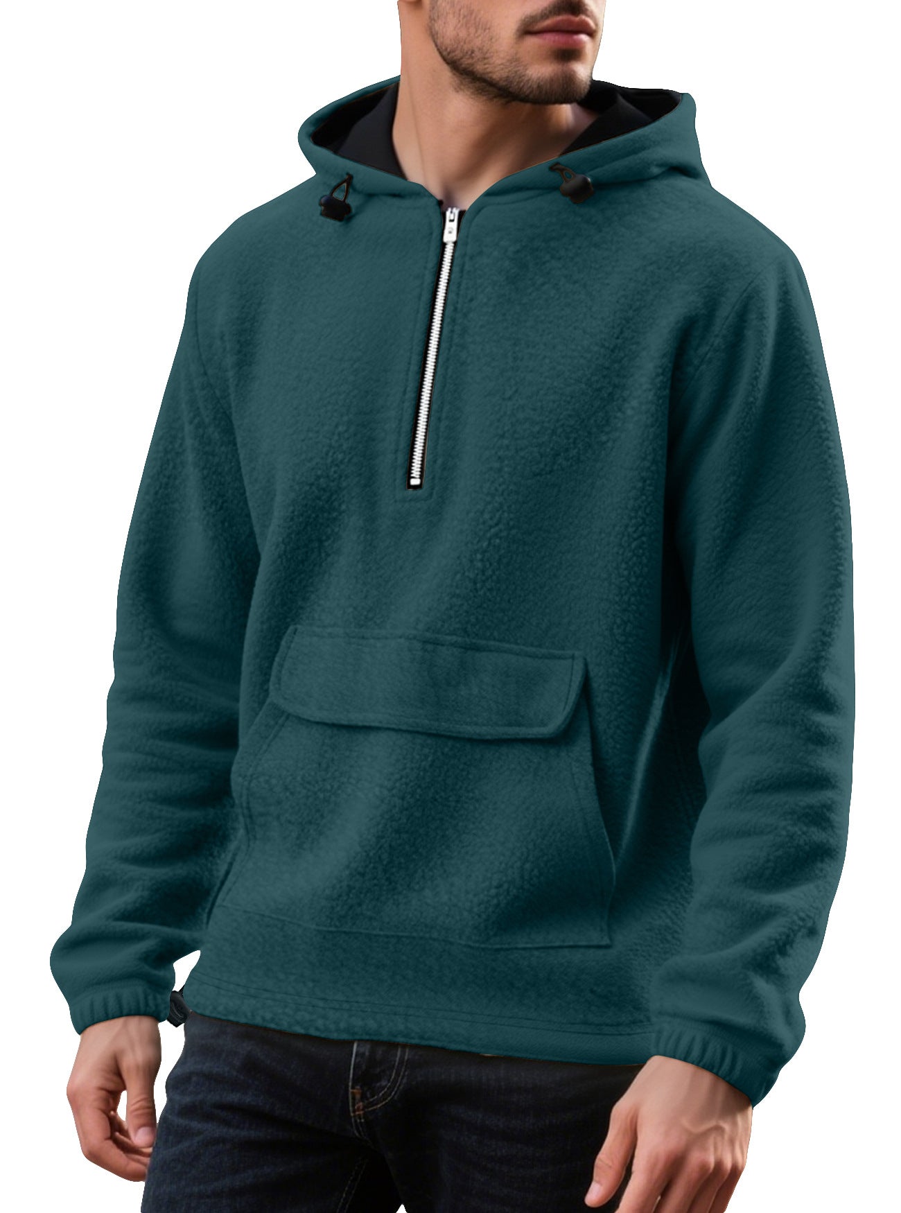 Solid color half zip hooded men's pullover