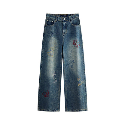 Dog Embroidered Wide Leg Jeans