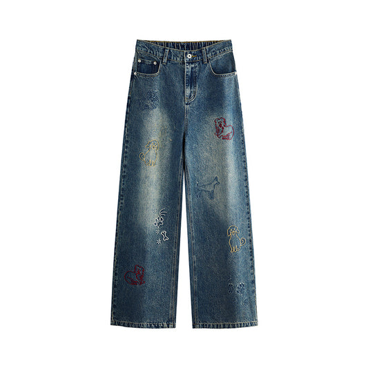 Dog Embroidered Wide Leg Jeans