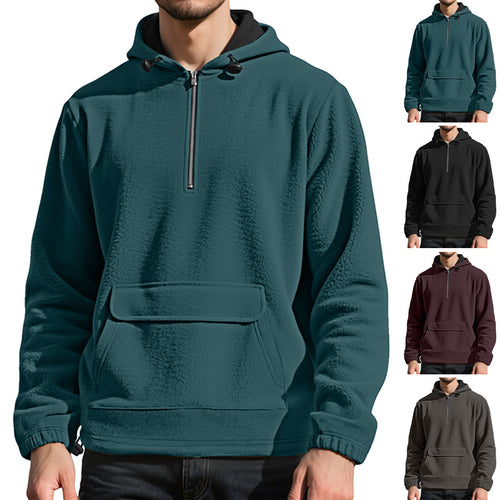 Solid color half zip hooded men's pullover