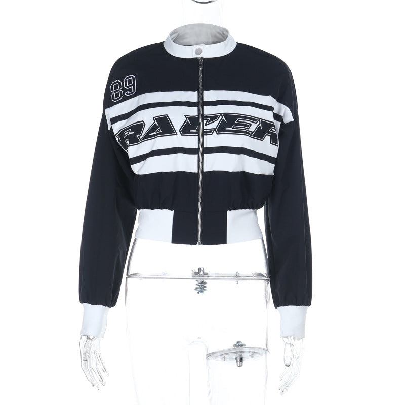 Letter print contrasting long sleeved stand up collar jacket top