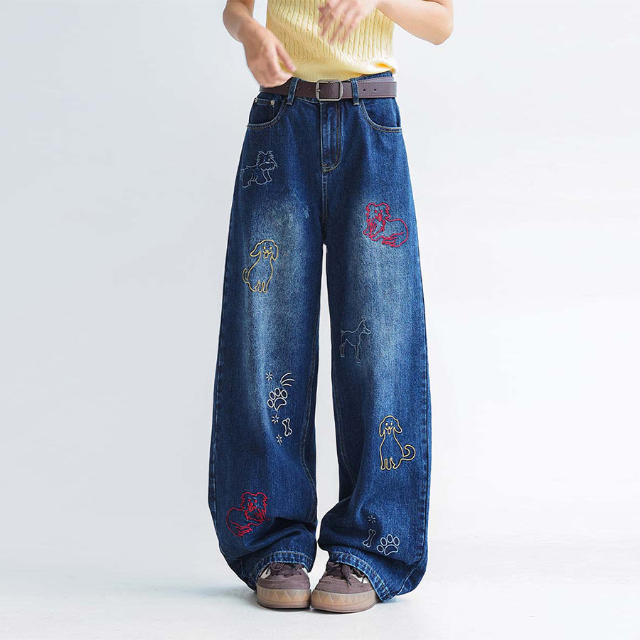 Dog Embroidered Wide Leg Jeans