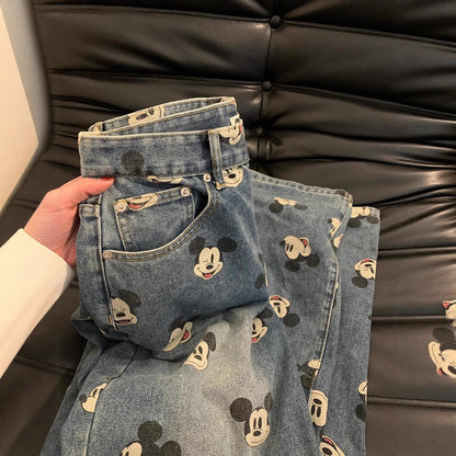 Cute Youthful  Vintage Mickey Print High-Waisted Jeans for Men and Women, Loose Straight-Leg Casual Wide-Leg Pants