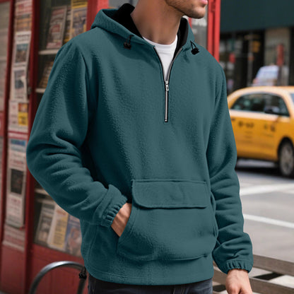 Solid color half zip hooded men's pullover