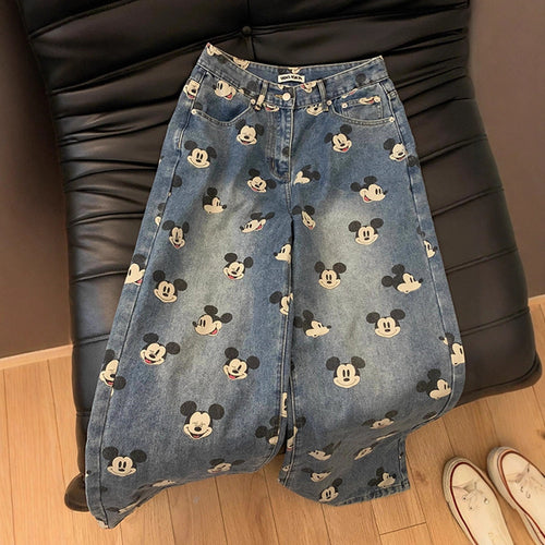 Cute Youthful  Vintage Mickey Print High-Waisted Jeans for Men and Women, Loose Straight-Leg Casual Wide-Leg Pants