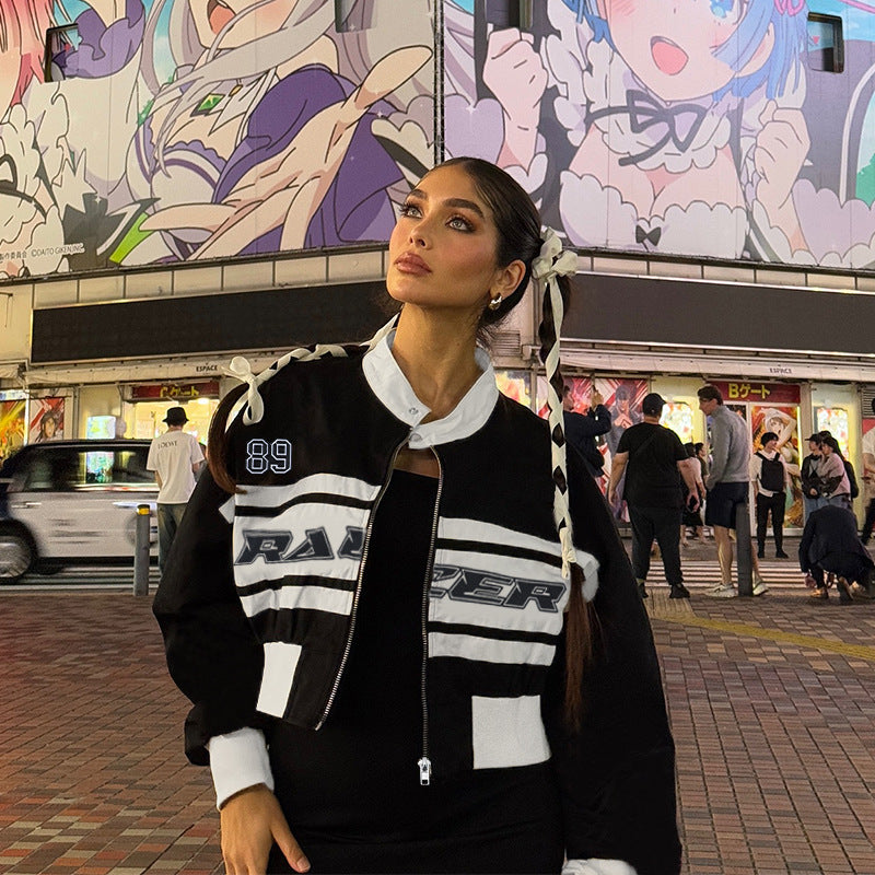 Letter print contrasting long sleeved stand up collar jacket top