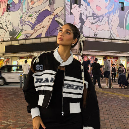 Letter print contrasting long sleeved stand up collar jacket top