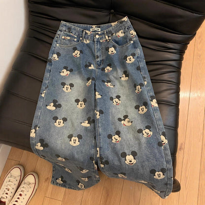 Cute Youthful  Vintage Mickey Print High-Waisted Jeans for Men and Women, Loose Straight-Leg Casual Wide-Leg Pants