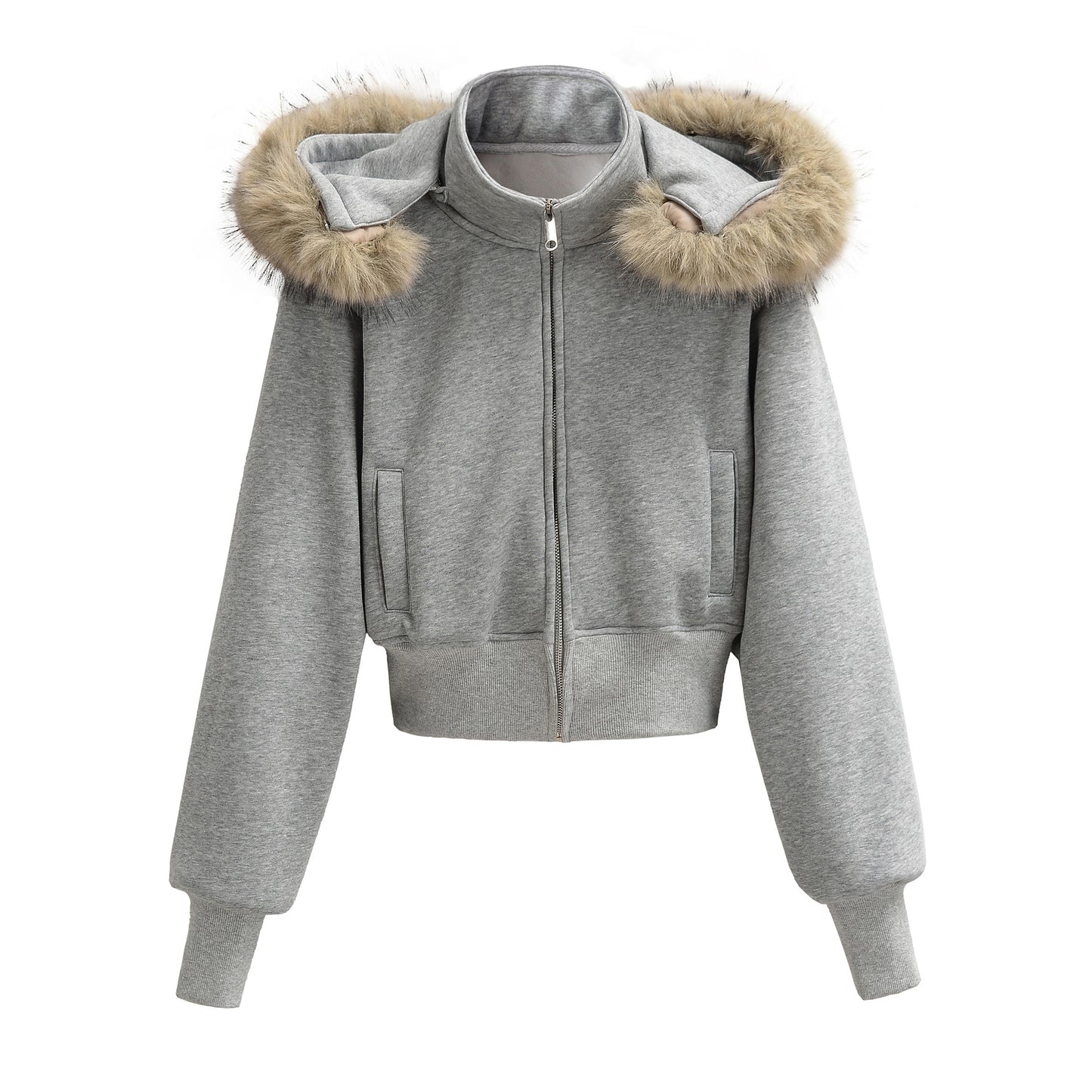 Detachable fur collar with fleece jacket for women