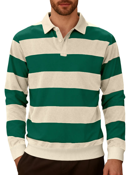 Striped contrasting button up long sleeved polo shirt