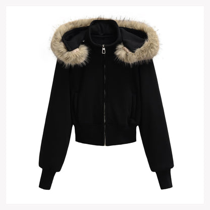 Detachable fur collar with fleece jacket for women